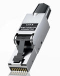 CAT 8 RJ45 toolless connector shown at an angle on a clean white background with a subtle reflection.