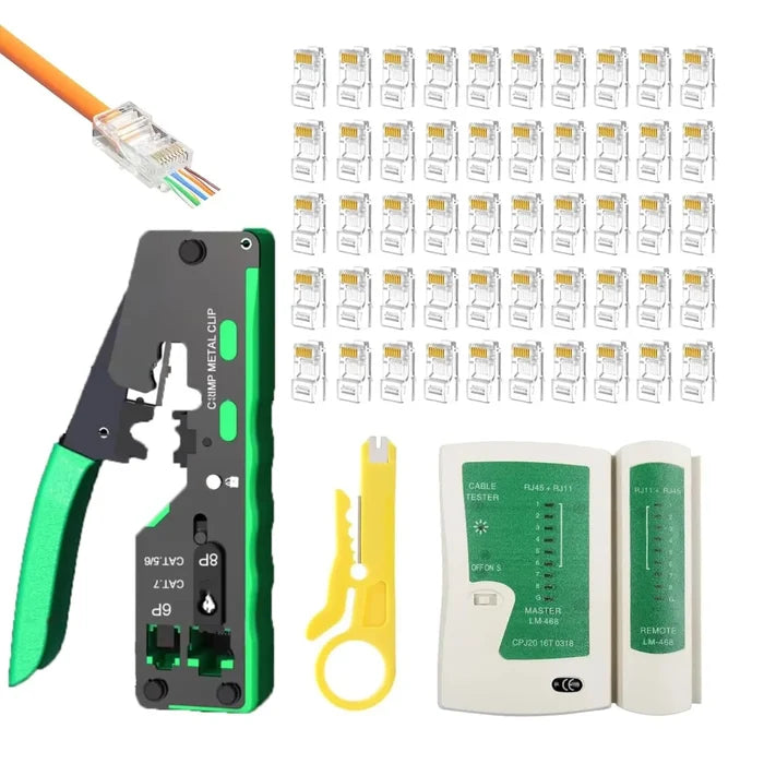 FEDUS RJ45 Crimping Tool Kit, Passthrough Crimping Tool RJ45 for Cat8, Cat7, Cat6A, Cat5E, Cat5 RJ45, 25PCS RJ45 Connector, Network LAN Tester, Cut and Strip Tool, Green, combo-4 FEDUS