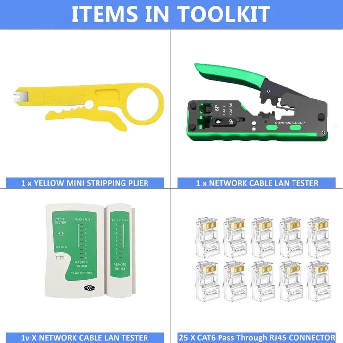 FEDUS RJ45 Crimping Tool Kit, Passthrough Crimping Tool RJ45 for Cat8, Cat7, Cat6A, Cat5E, Cat5 RJ45, 25PCS RJ45 Connector, Network LAN Tester, Cut and Strip Tool, Green, combo-4 FEDUS