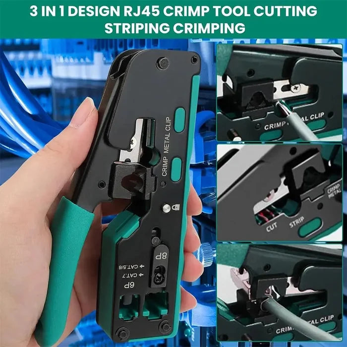 FEDUS RJ45 Crimping Tool Kit, Passthrough Crimping Tool RJ45 for Cat8, Cat7, Cat6A, Cat5E, Cat5 RJ45, 25PCS RJ45 Connector, Network LAN Tester, Cut and Strip Tool, Green, combo-4 FEDUS