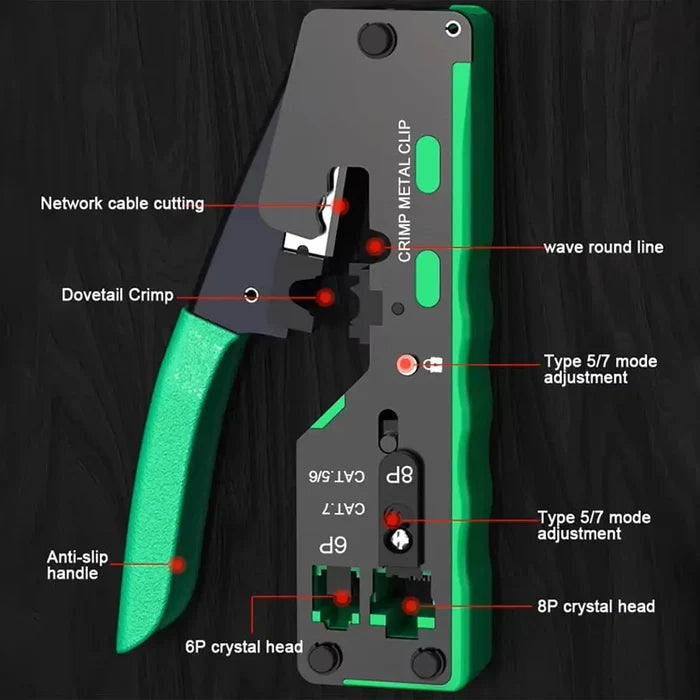 FEDUS RJ45 Crimping Tool Kit, Passthrough Crimping Tool RJ45 for Cat8, Cat7, Cat6A, Cat5E, Cat5 RJ45, 25PCS RJ45 Connector, Network LAN Tester, Cut and Strip Tool, Green, combo-4 FEDUS