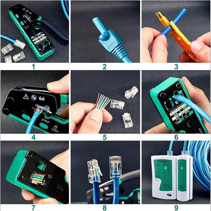 FEDUS RJ45 Crimping Tool Kit, Passthrough Crimping Tool RJ45 for Cat8, Cat7, Cat6A, Cat5E, Cat5 RJ45, 25PCS RJ45 Connector, Network LAN Tester, Cut and Strip Tool, Green, combo-4 FEDUS