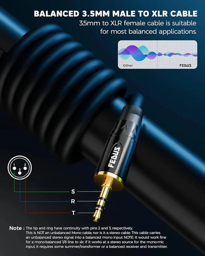 FEDUS StagePro 3.5mm to XLR Balanced Microphone Cable Adapter, Professional Low Noise Gold-Plated 1/8 inch Aux to XLR Female Audio Cord Wire for Phone, Tablet, Laptop, Speaker, Mixer, iPhone FEDUS