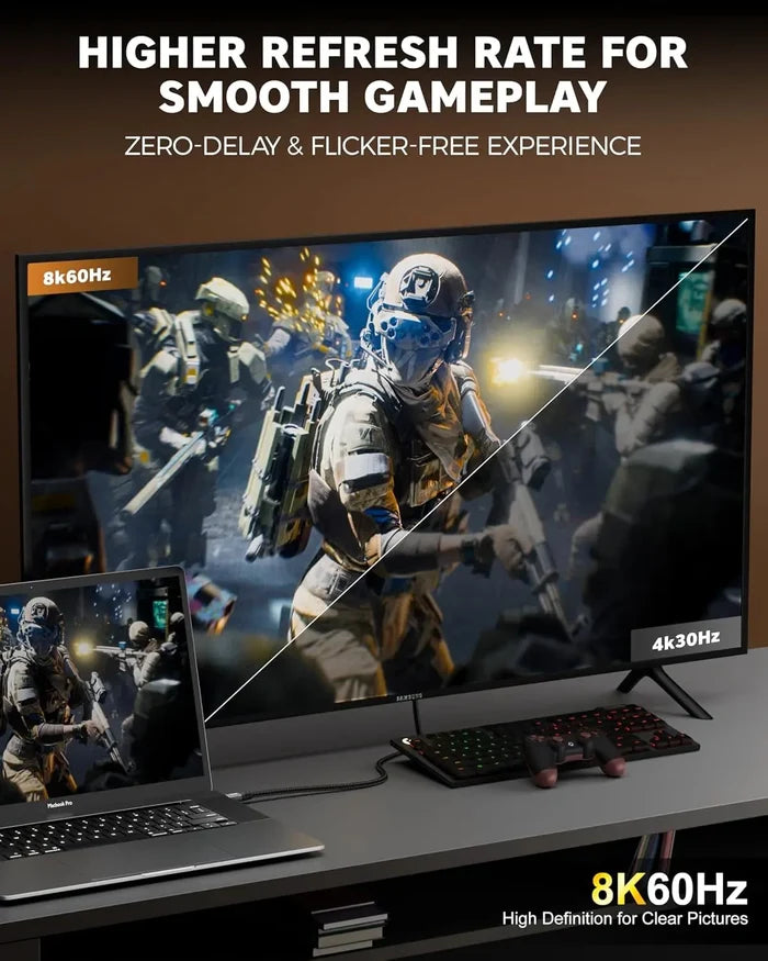 Gaming setup with a monitor and laptop displaying a high refresh rate game scene.