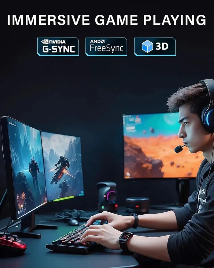 Person playing a game with multiple monitors and gaming equipment, featuring NVIDIA G-SYNC and AMD FreeSync logos.