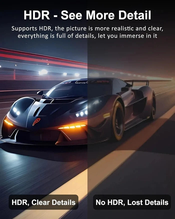 Supercar on a racetrack with HDR and no HDR comparison text.
