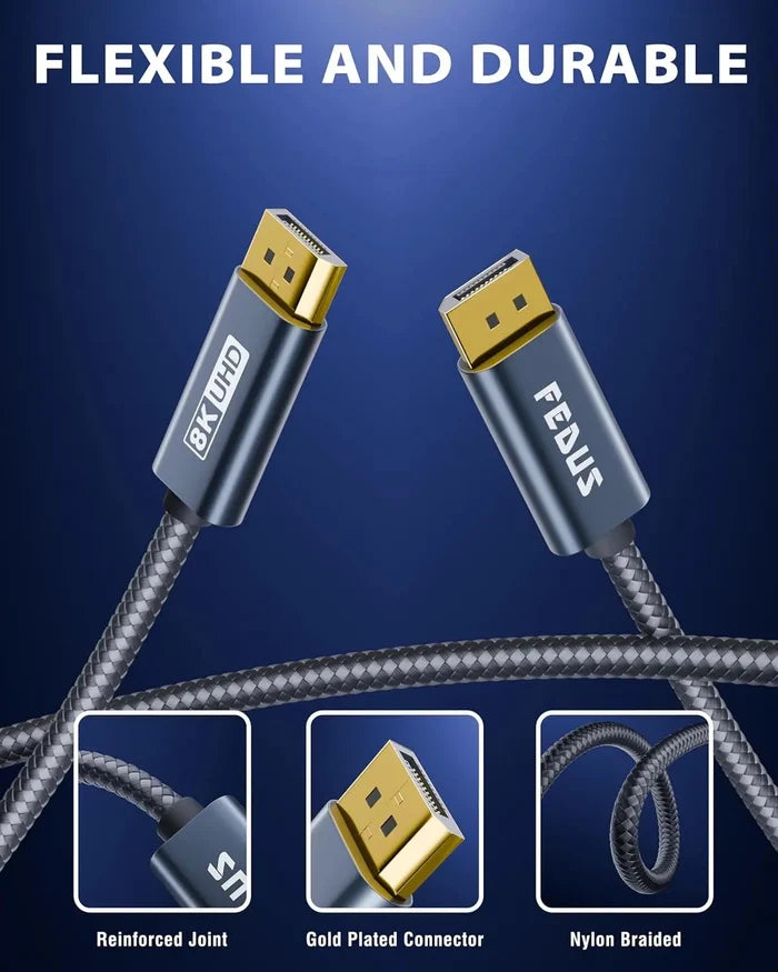 Two HDMI cables with 'FEDUS' branding on a blue background, highlighting flexibility and durability.