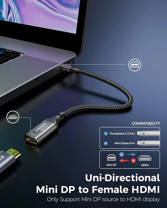 Uni-Directional Mini DP to Female HDMI cable with laptop connection on a dark surface