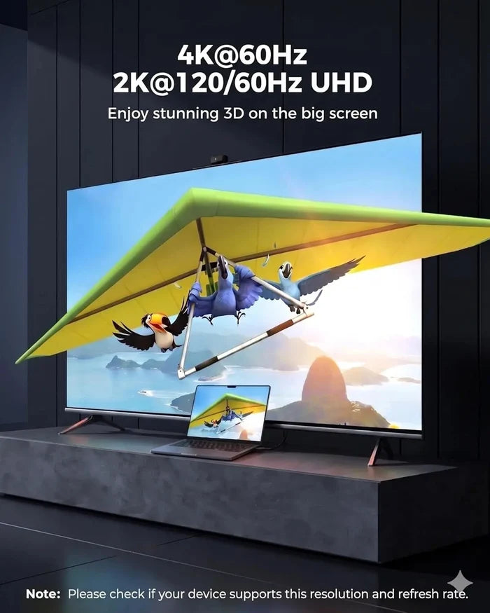 Large TV screen displaying a 3D animation of birds on a hang glider, with text about screen resolution and refresh rate.
