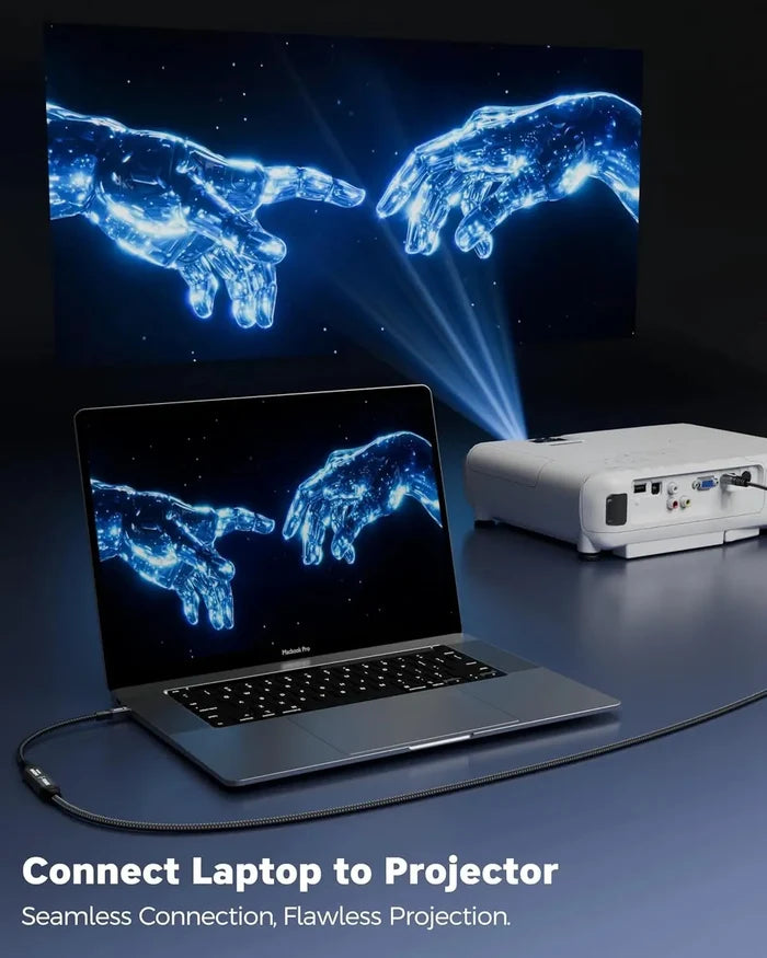 Laptop projecting image of hands onto a screen with a projector.