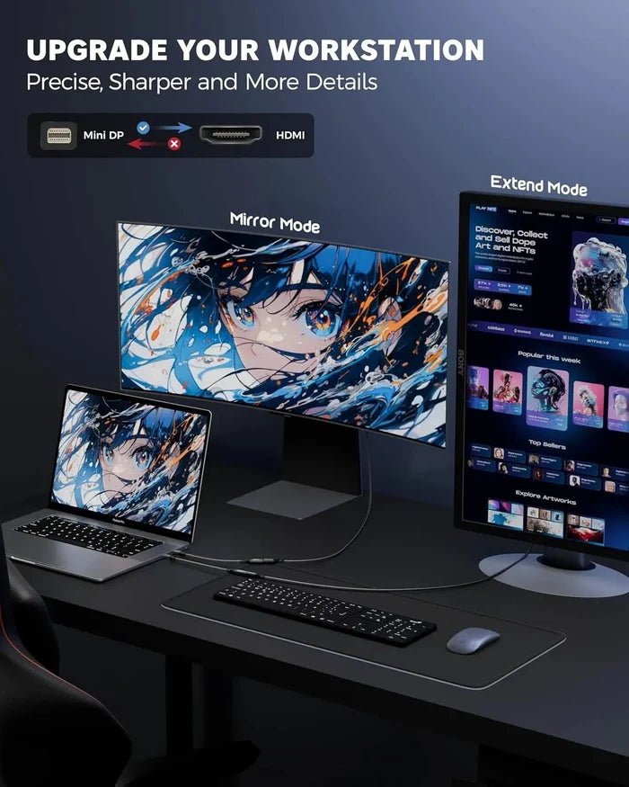 Computer setup with multiple monitors displaying anime-themed wallpaper on a dark desk.