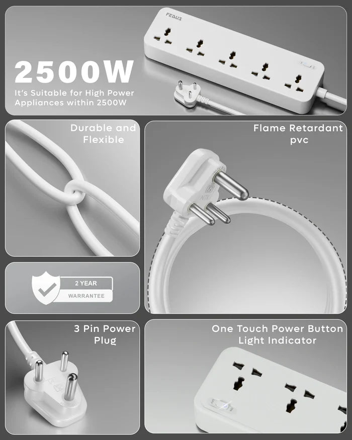 FEDUS Surge Protector, 5 Universal Sockets with Individual Switch, Extension Board Cord, Automatic Overload Protection, Fireproof Power Strip Switch Board, Spike Guard FEDUS