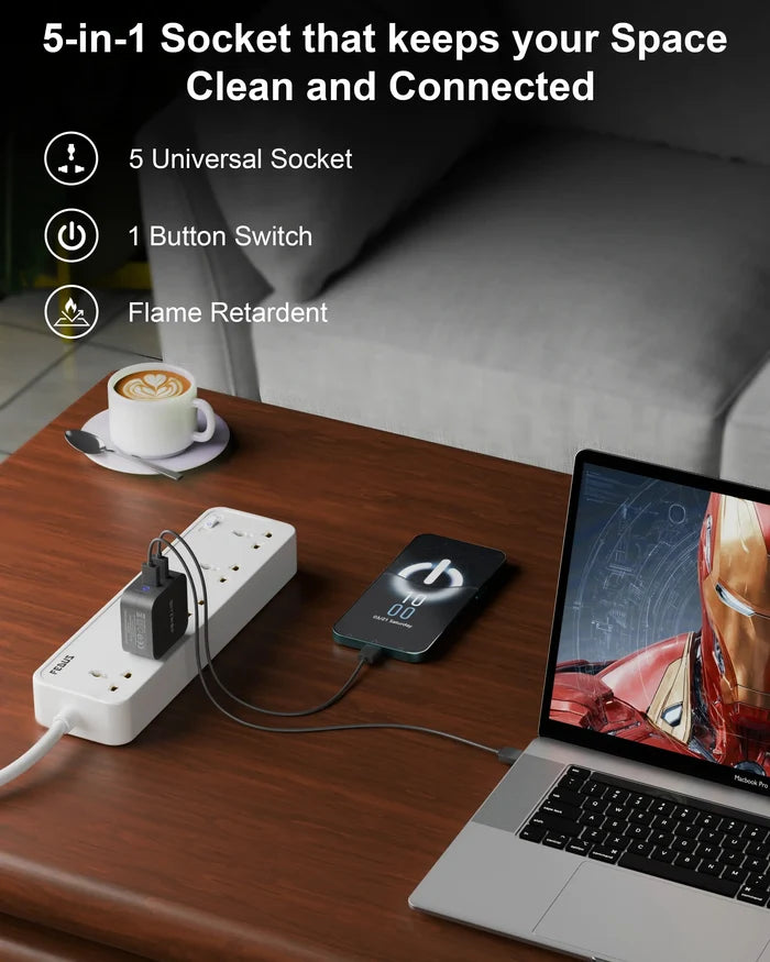FEDUS Surge Protector, 5 Universal Sockets with Individual Switch, Extension Board Cord, Automatic Overload Protection, Fireproof Power Strip Switch Board, Spike Guard FEDUS