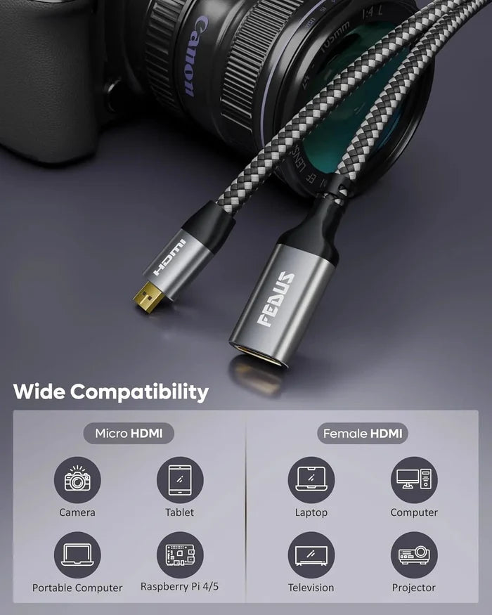 FEDUS UltraStream 4K Micro HDMI to HDMI Cable Adapter 60Hz 18Gbps 1.5 Meter High-Speed Cord for Raspberry Pi 5/4, GoPro Hero 11/10/7, Sony A6400 Camera, DSLR, Tablet, Projector, Samsung G8, G9, Cam Link FEDUS