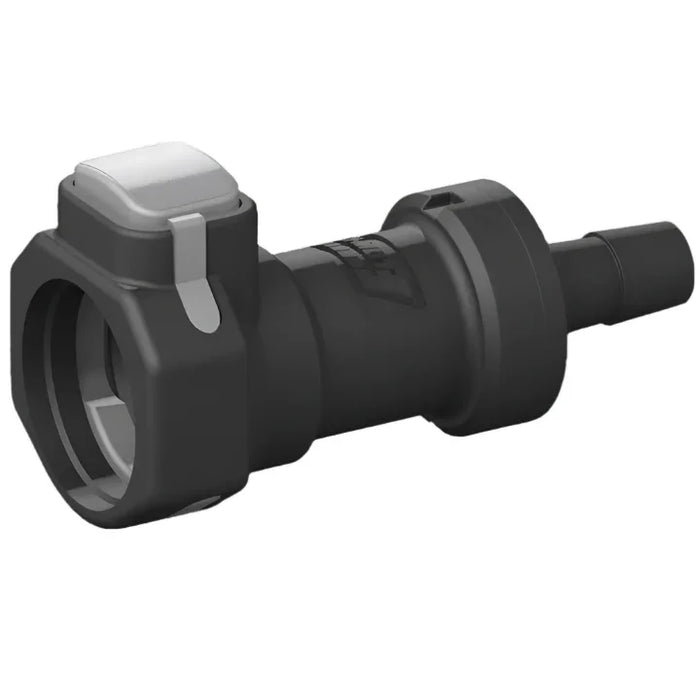 Black plastic female coupler with 1/2 inch barb, industrial connector fitting