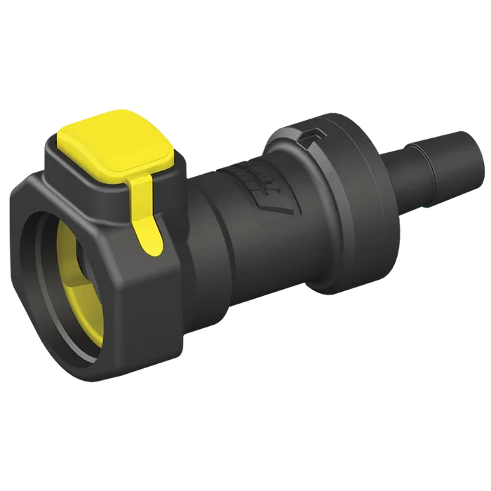 Black and yellow 3/8 inch barb female coupler, plastic quick connector fitting