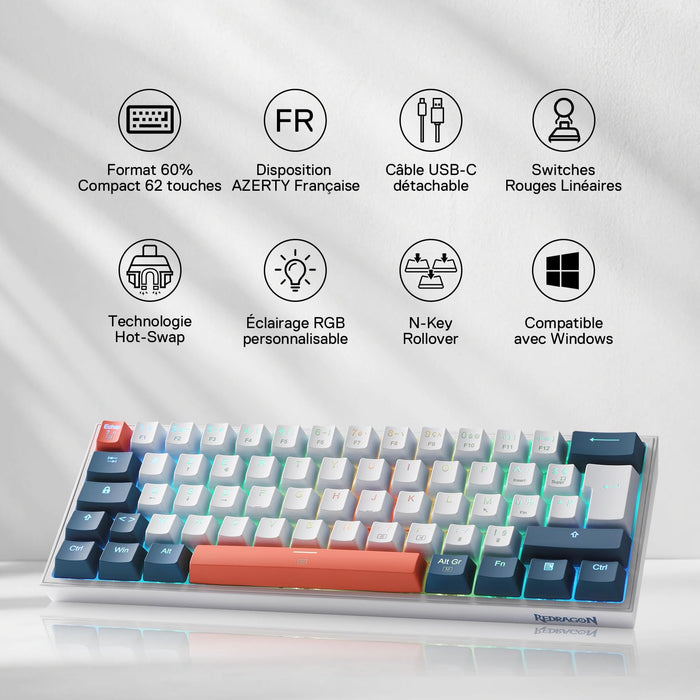 Clavier gaming Redragon K617 RGB, filaire, 60 %, clavier mécanique compact, 61 touches, commutateurs linéaires rouges, compatible avec le pilote Pro, disposition FR