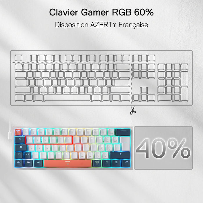 Clavier gaming Redragon K617 RGB, filaire, 60 %, clavier mécanique compact, 61 touches, commutateurs linéaires rouges, compatible avec le pilote Pro, disposition FR