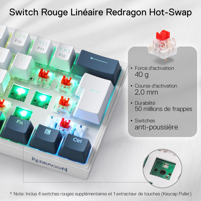 Clavier gaming Redragon K617 RGB, filaire, 60 %, clavier mécanique compact, 61 touches, commutateurs linéaires rouges, compatible avec le pilote Pro, disposition FR