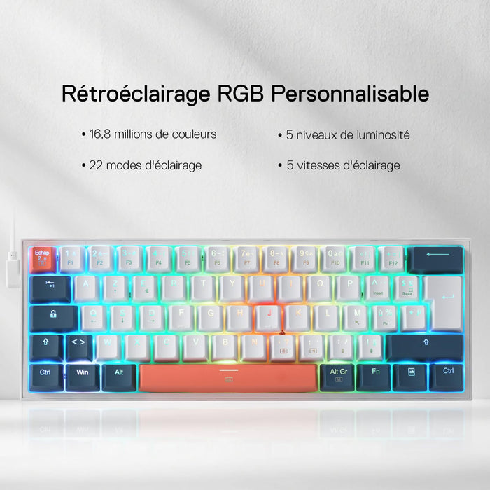 Clavier gaming Redragon K617 RGB, filaire, 60 %, clavier mécanique compact, 61 touches, commutateurs linéaires rouges, compatible avec le pilote Pro, disposition FR