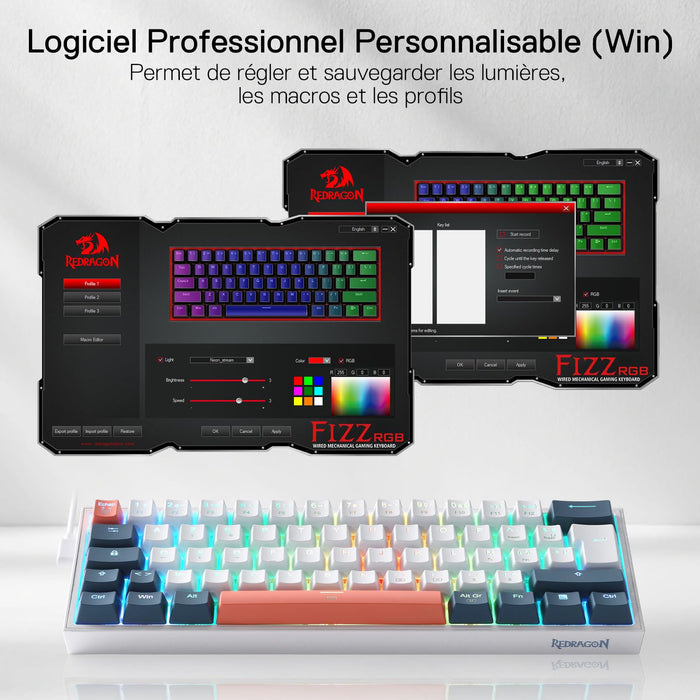 Clavier gaming Redragon K617 RGB, filaire, 60 %, clavier mécanique compact, 61 touches, commutateurs linéaires rouges, compatible avec le pilote Pro, disposition FR