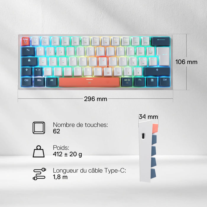 Clavier gaming Redragon K617 RGB, filaire, 60 %, clavier mécanique compact, 61 touches, commutateurs linéaires rouges, compatible avec le pilote Pro, disposition FR