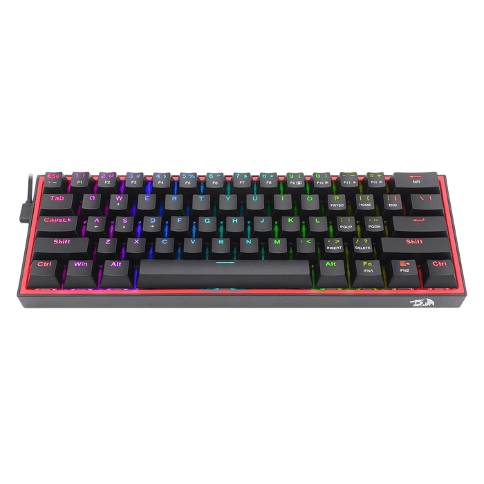 A compact mechanical gaming keyboard with a black chassis, black keycaps, and vibrant RGB backlighting, shown from a top-down perspective against a solid black background.