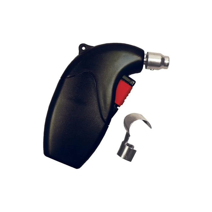 Black flameless heat gun with red trigger and metal nozzle attachment on white background