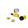 Flow checker gauge with yellow fittings and two brass caps for battery watering systems