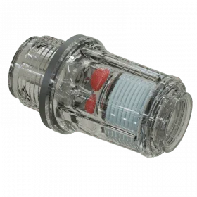 Clear plastic flow indicator with 3/4 inch NPT male and 3/8 inch FNPT female ends