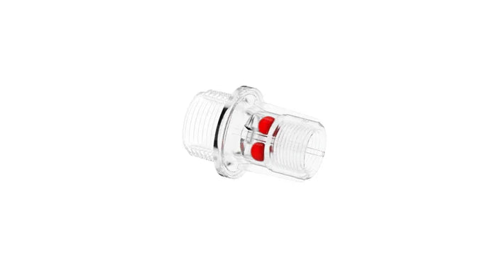 Clear 3/4 NPT x 3/8 FNPT flow indicator with red internal components