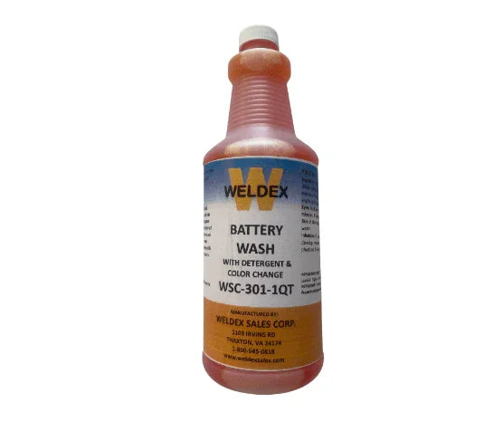 Bottle of Weldex battery wash detergent and color change cleaner, 1 quart size.