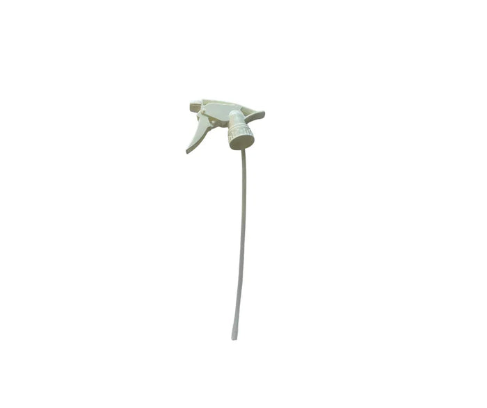 White plastic trigger spray nozzle with long dip tube for cleaning bottles