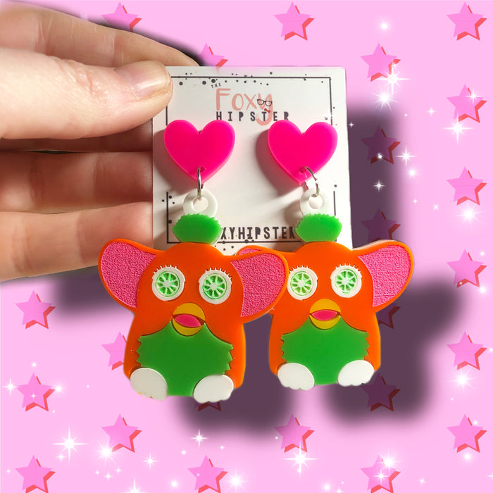 Furby Orange and Green Dangle Earrings