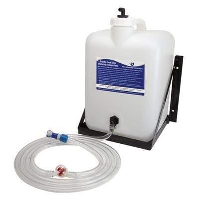 5-gallon gravity feed tank with metal shelf and attached hose for power equipment