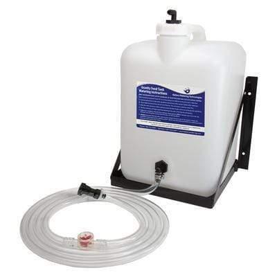5-gallon gravity feed tank with hose and metal shelf, used for industrial power equipment