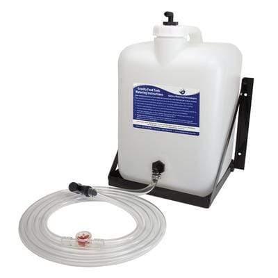 5-gallon gravity tank with mounting shelf and attached clear hose for facility power management