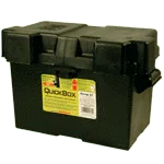 Standard black plastic battery box with secure lid and yellow label for auto or marine use
