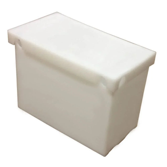 Heavy duty white plastic battery box with secure lid, angled on plain background