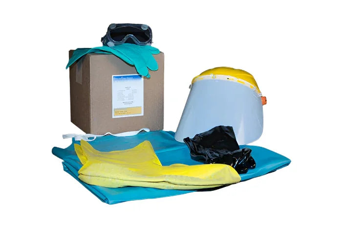 Heavy duty safety kit with gloves, face shield, goggles, protective cover, and box