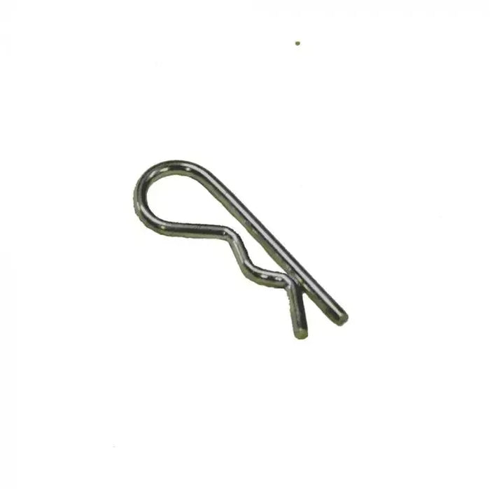 Steel hitch pin clip for securing facility power equipment, isolated on white background