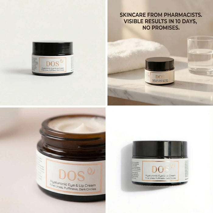 Hyaluronic eye cream by DOS for deep hydration, reducing fine lines, puffiness, and dark circles. DOS Cosmetics