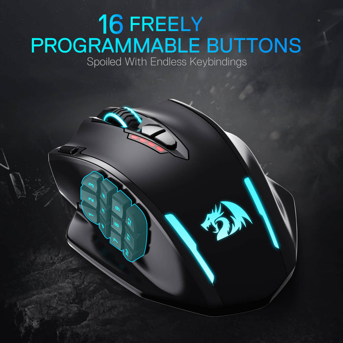 Redragon M913 Impact Elite Wireless Gaming Mouse, 16000 DPI Wired/Wireless RGB Mouse with 16 Programmable Buttons, 45 Hr Battery and Pro Optical Sensor, 12 Side Buttons MMO Mouse