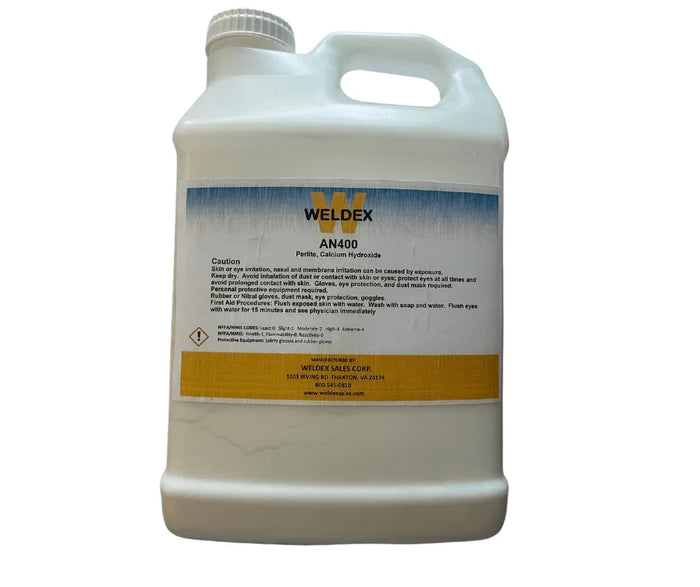 AN400 acid absorber container for industrial battery maintenance, safety label visible