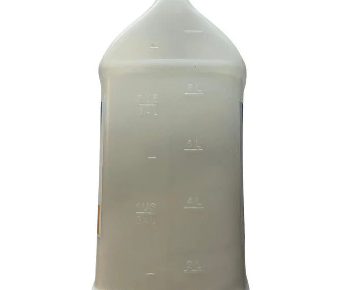 Industrial plastic battery acid absorber jug with volume markings, white background