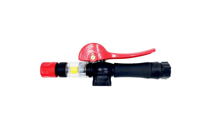 Instant valve pro with red lever handle, transparent flow indicator, and black connections