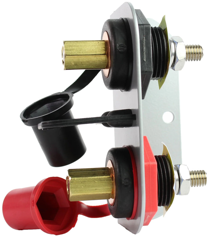Jump start connector panel with brass terminals and protective covers for power systems