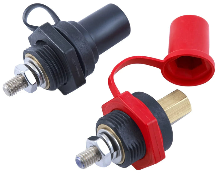 Heavy-duty jump start battery connectors with protective red and black caps