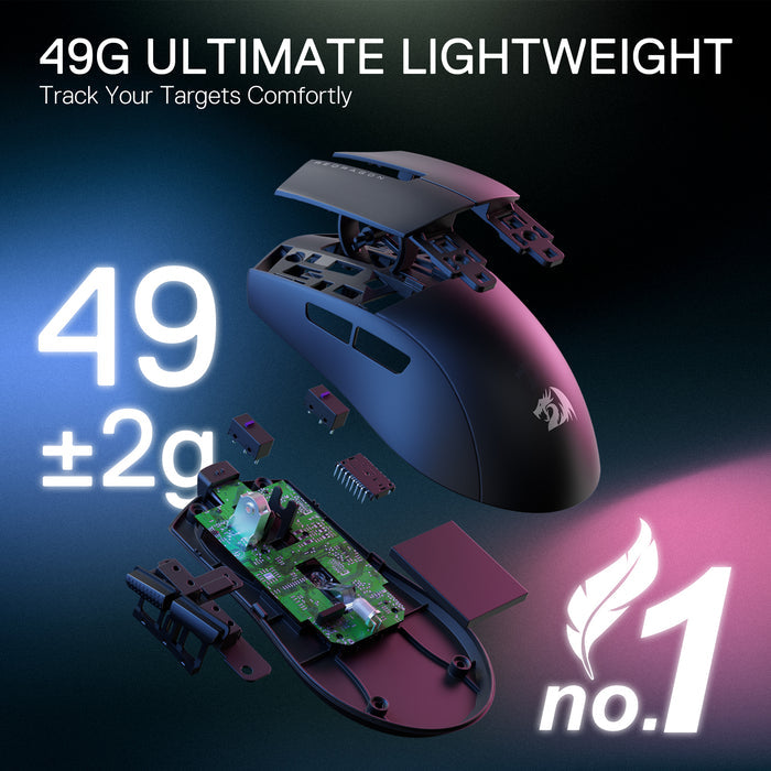 Redragon M916 LIT Wireless 1K Polling Rate Gaming Mouse, 49G Ultra-Light 30,000 Max DPI Gaming Mice w/Ergonomic Natural Grip Build, Full Programmable Buttons, Software Supports DIY Keybinds & DPI