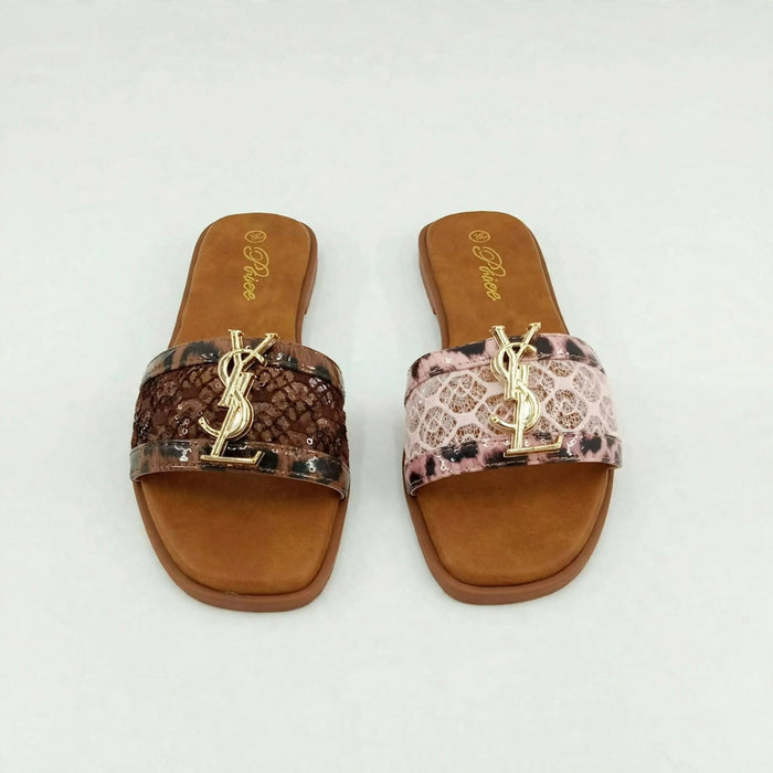 Lace Sequin Flat Slide Sandals - Designer Gold Letter